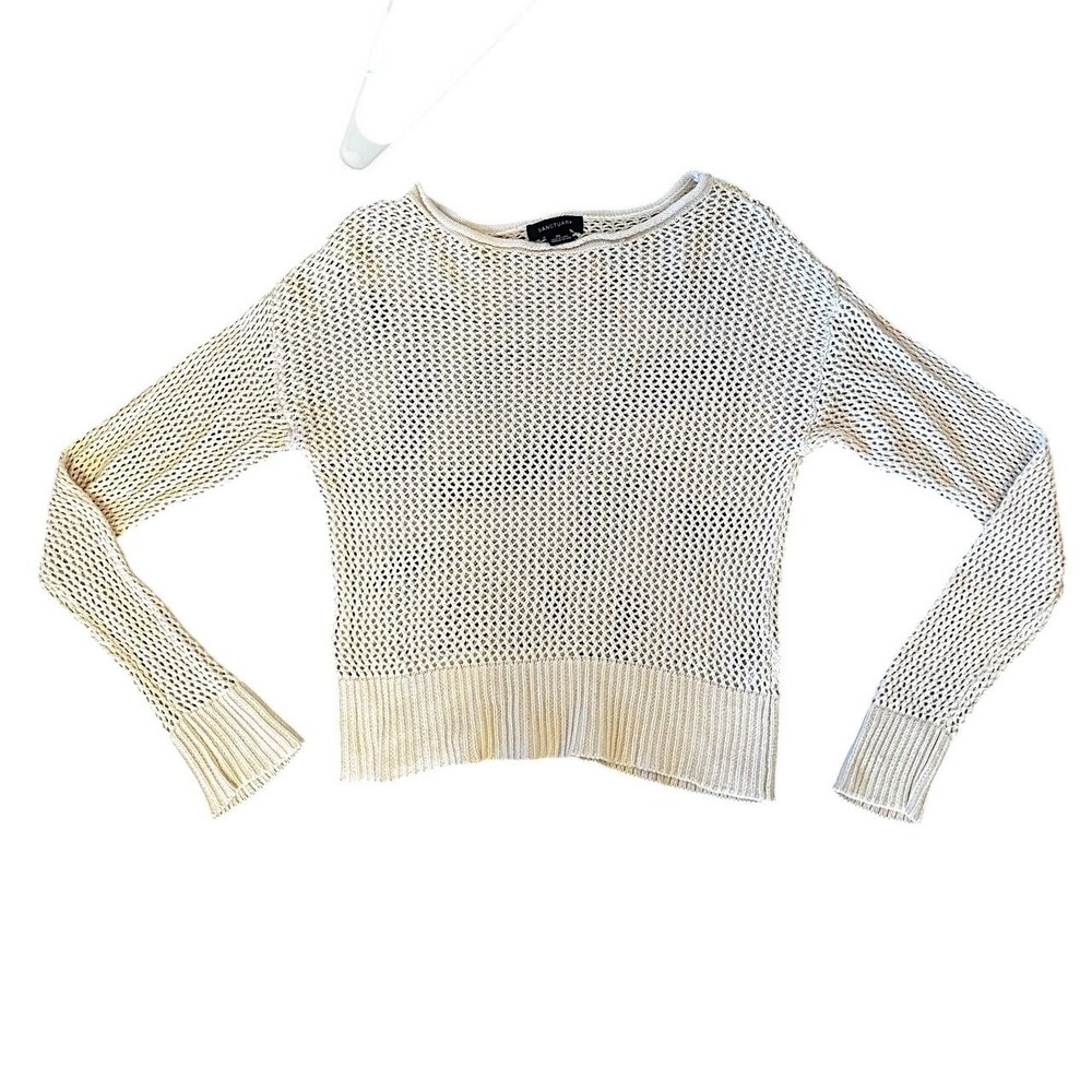 Sanctuary Womens Open Knit Sweater Cream Beige Boat Neck Mesh Pullover XS